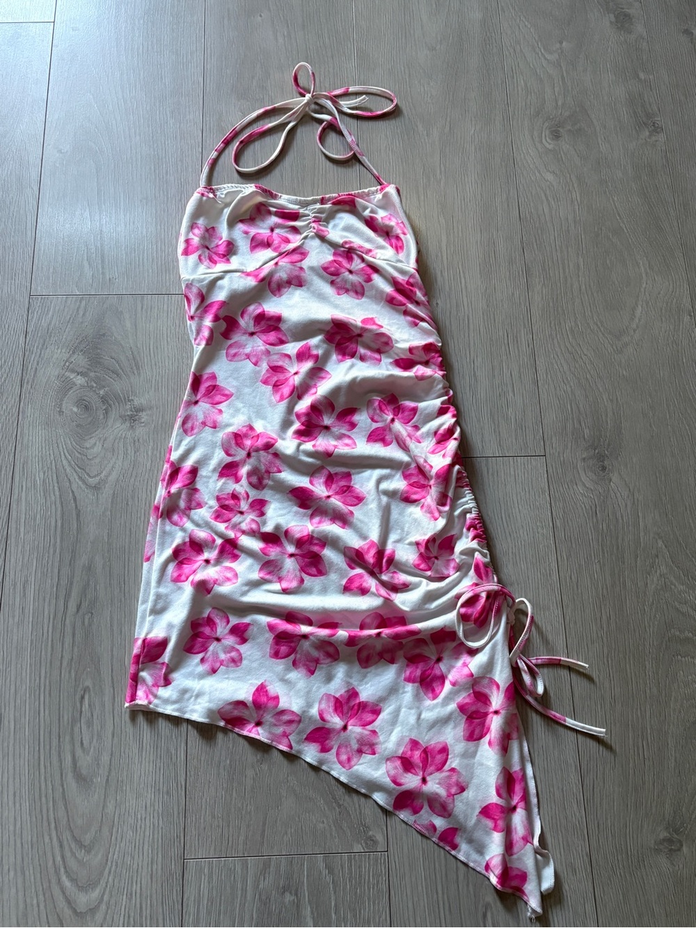 Source Unknown White & Pink Floral Halter Mini Dress